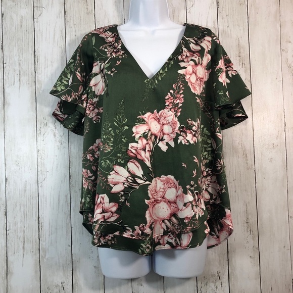 Love Rachel Rachel Roy Green Floral Double Hem Flutter Sleeve Top Medium - Picture 1 of 9